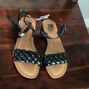 SM New York Black Braided Front Strap Ankle-Wrap Sandals